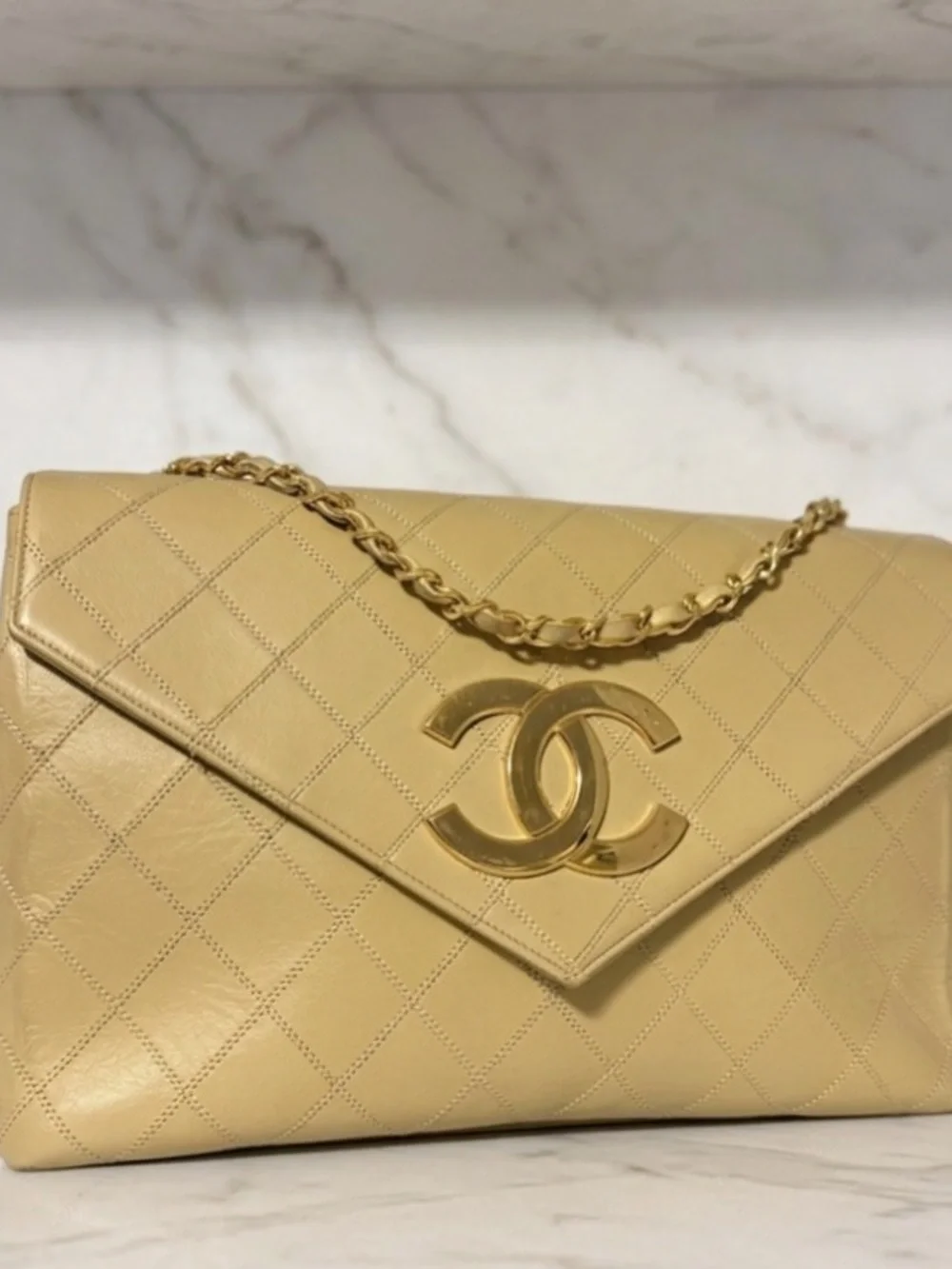 VINTAGE CHANEL Quilted Envelope Bag in Beige with Gold Hardware. Oversized CC